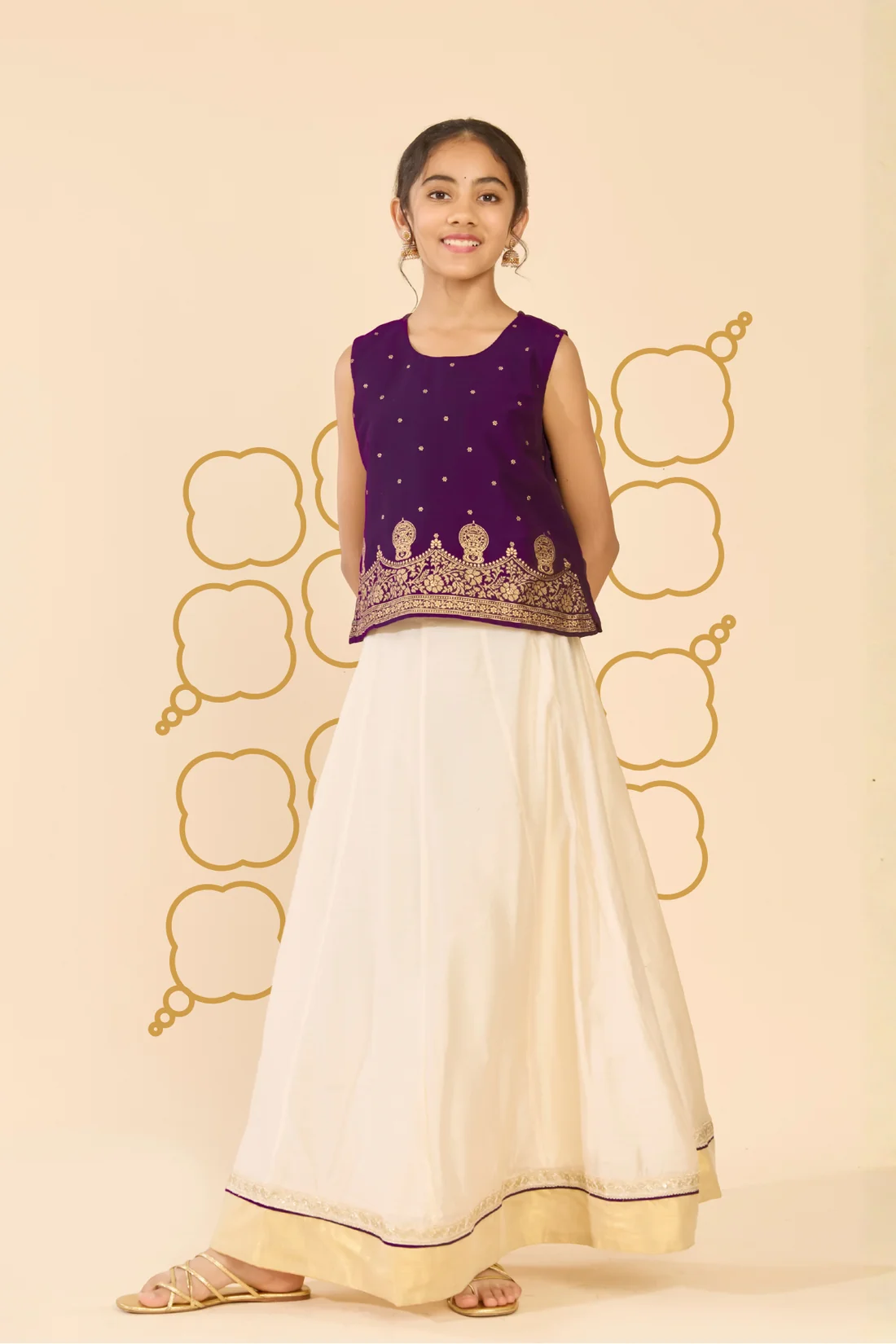 Purple Kathakali Print Kids Skirt Set