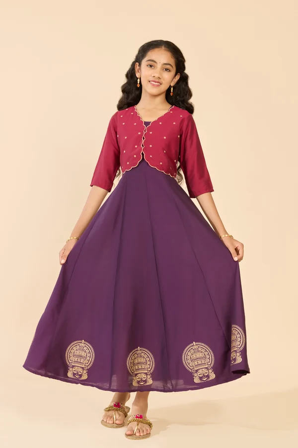 Purple Floral Embroidered Tiered A-Line Kids Anarkali