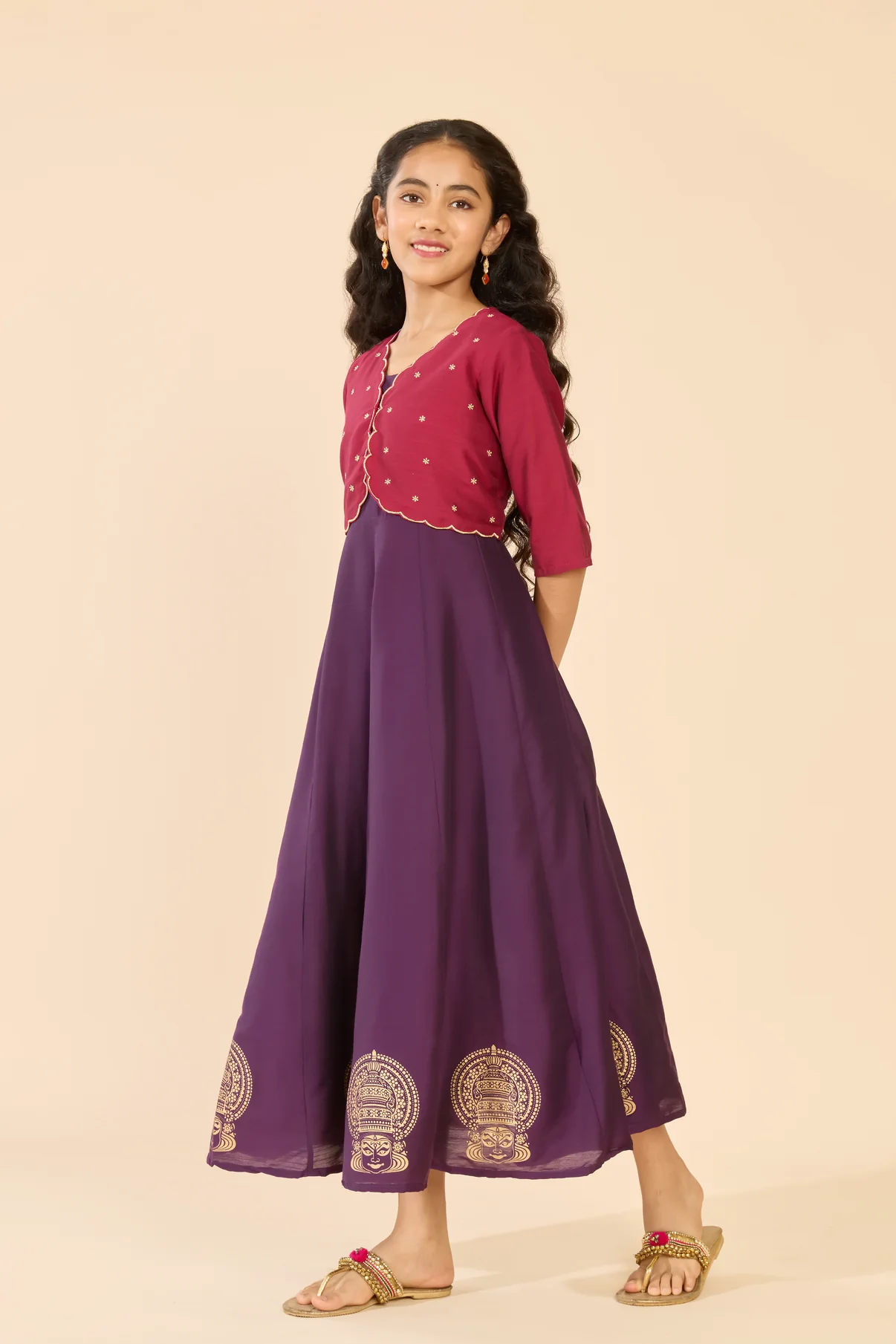 Purple Floral Embroidered Tiered A-Line Kids Anarkali