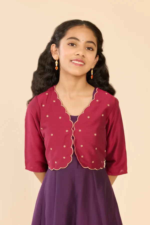 Purple Floral Embroidered Tiered A-Line Kids Anarkali