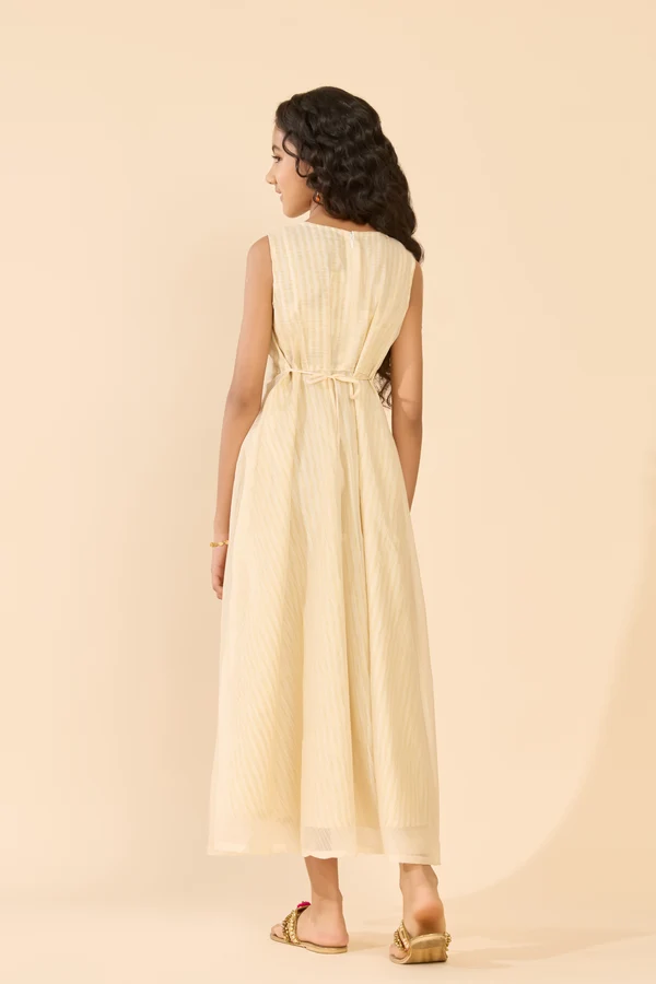Off White Striped A-Line Tiered Kids Anarkali
