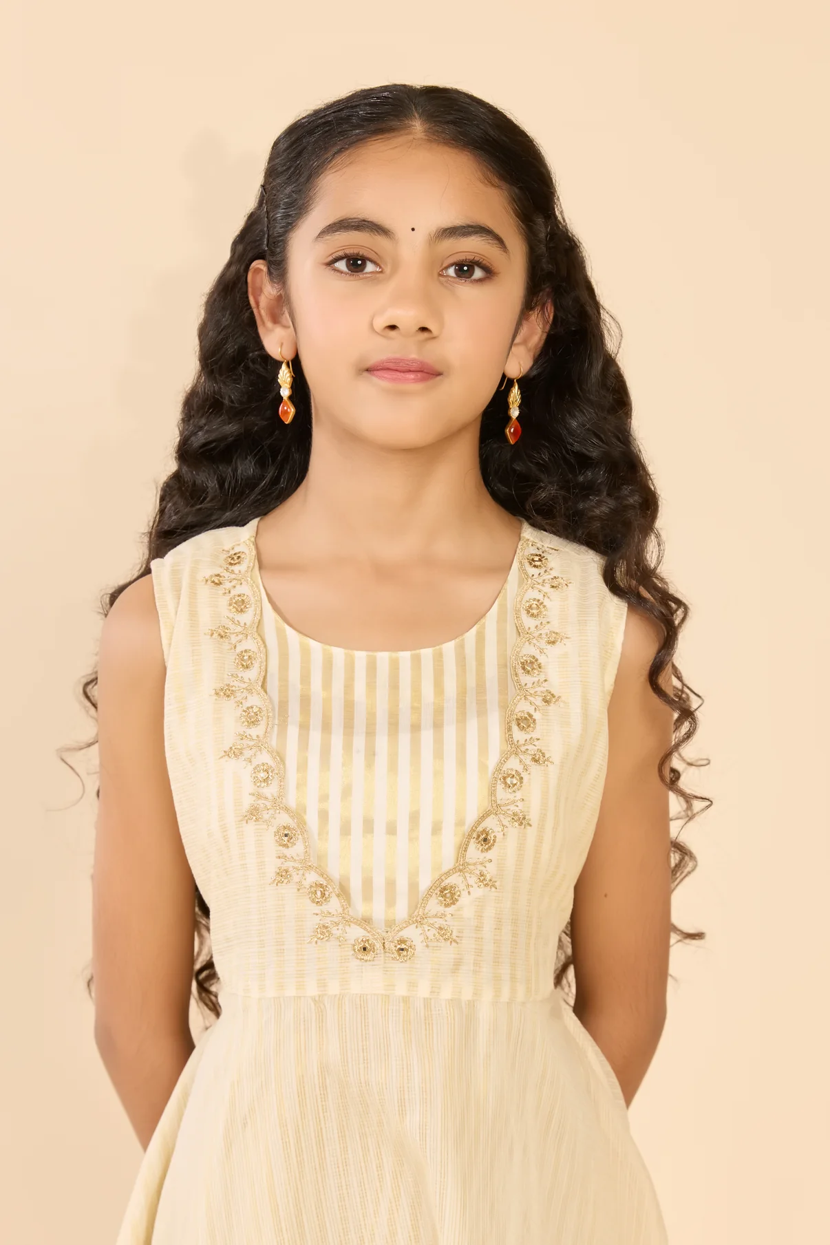 Off White Striped A-Line Tiered Kids Anarkali