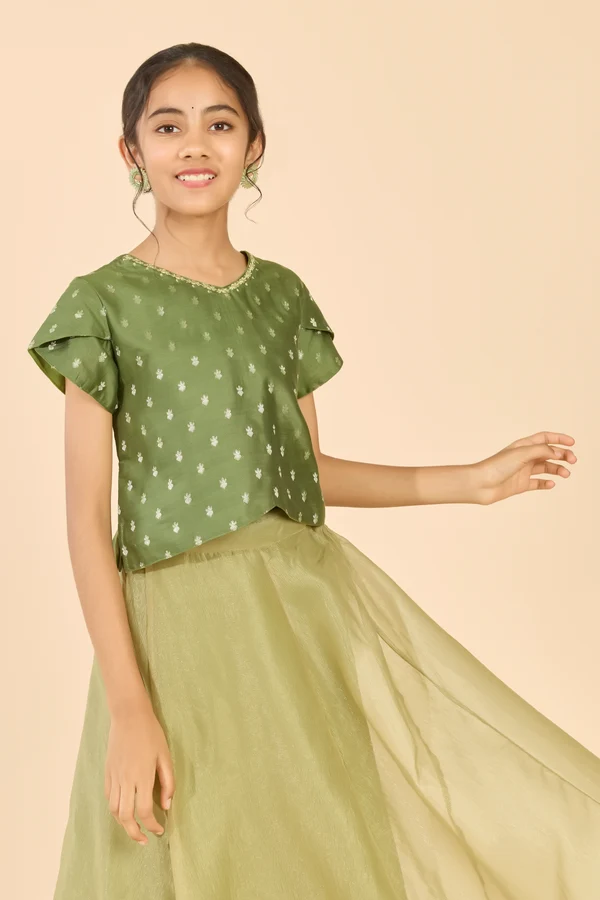 Green Dobby Raw Silk & Tissue Kids Skirt Set