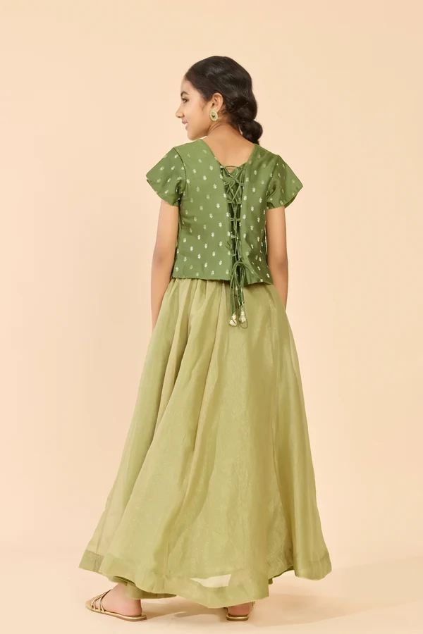 Green Dobby Raw Silk & Tissue Kids Skirt Set