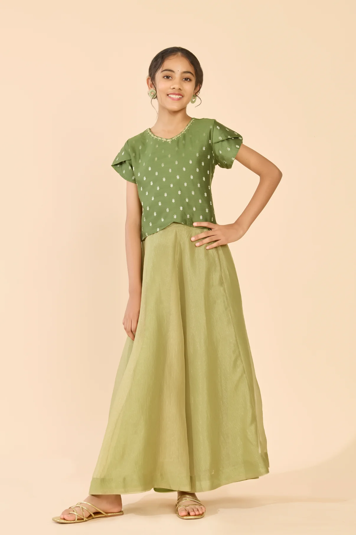 Green Dobby Raw Silk & Tissue Kids Skirt Set