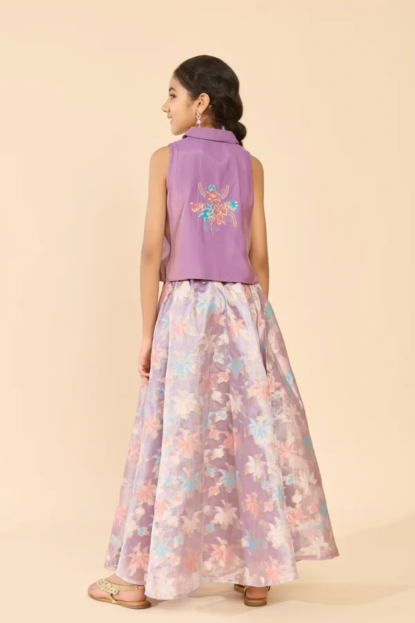 Lavender Solid Top & Tropical Printed Skirt Set