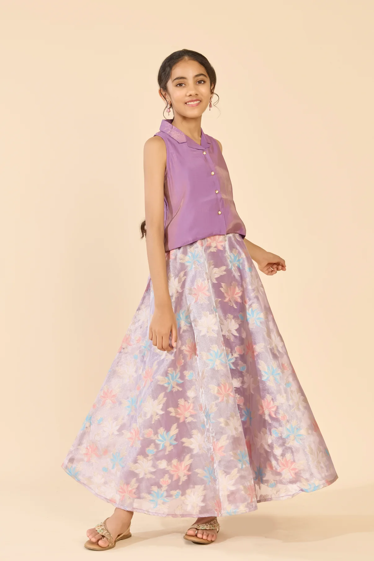 Lavender Solid Top & Tropical Printed Skirt Set