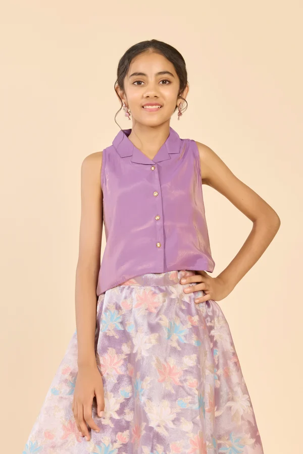 Lavender Solid Top & Tropical Printed Skirt Set