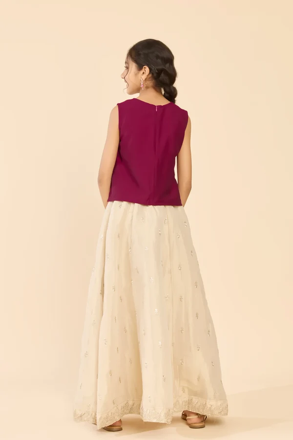 Magenta Embroidered Top & Printed Circular Skirt Set
