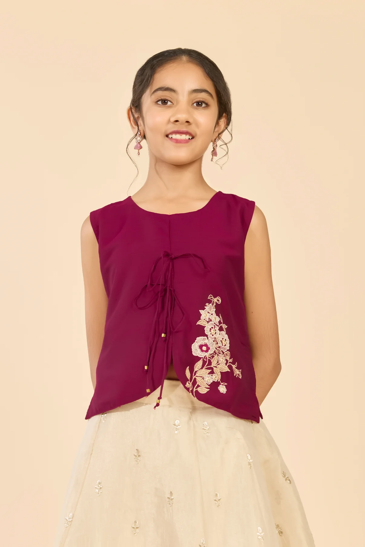 Magenta Embroidered Top & Printed Circular Skirt Set