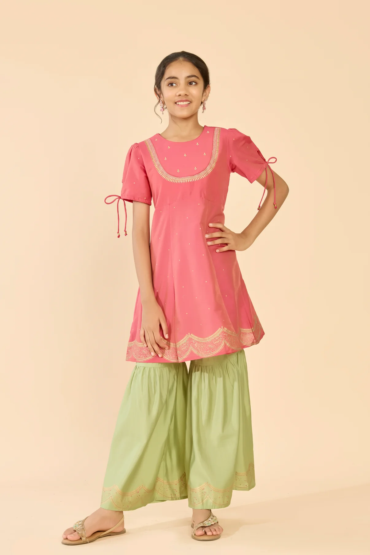 Pink & Green Embroidered Floral Kids Sharara Set