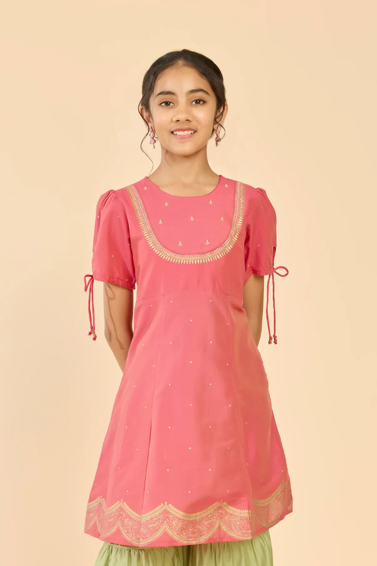Pink & Green Embroidered Floral Kids Sharara Set