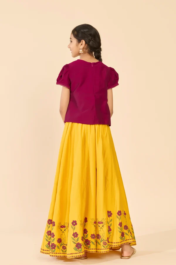 Maroon & Mustard Deer Embroidered Kids Skirt Set