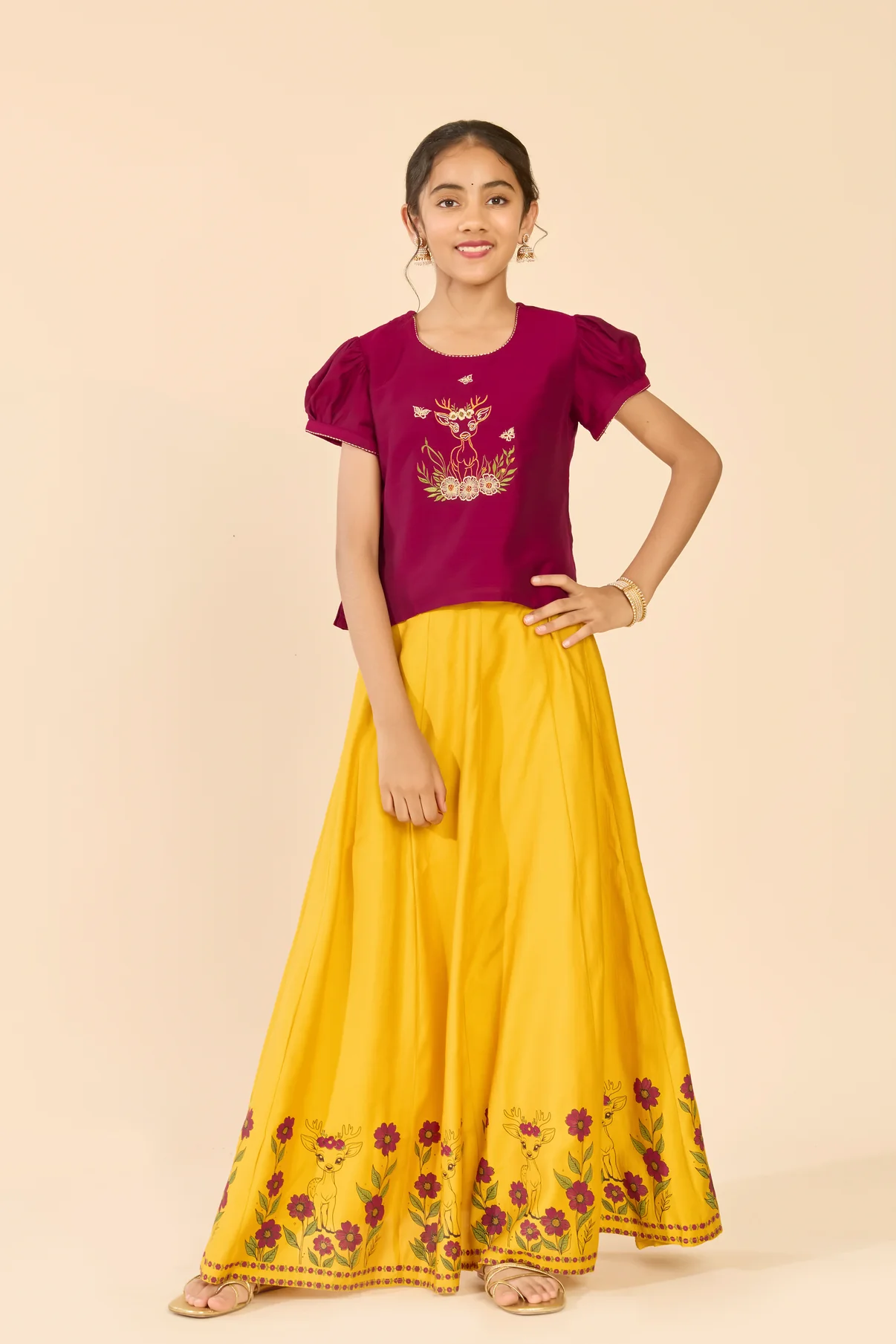 Maroon & Mustard Deer Embroidered Kids Skirt Set