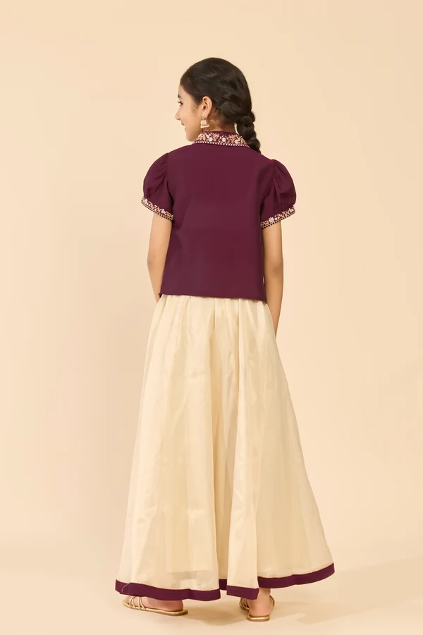Purple & Beige Striped Skirt Set