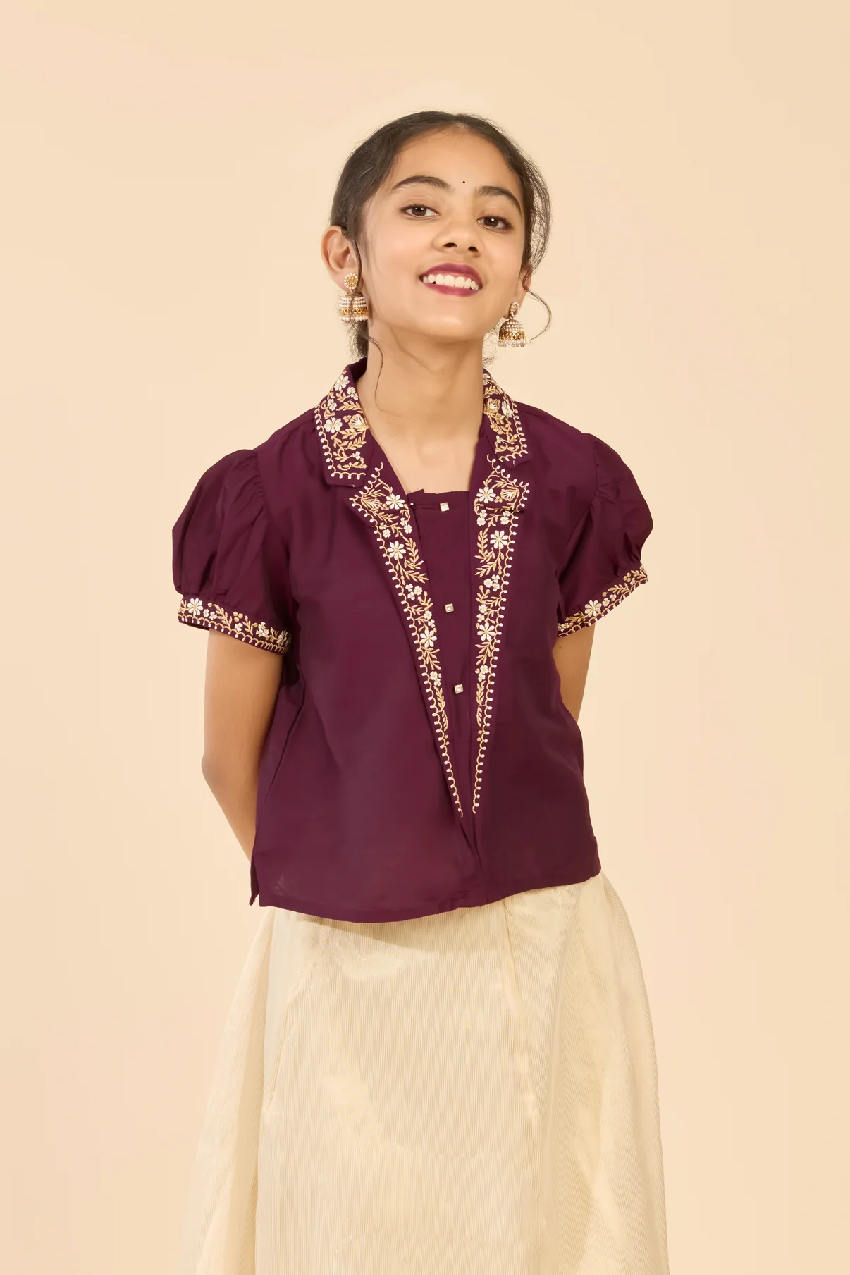 Purple & Beige Striped Skirt Set