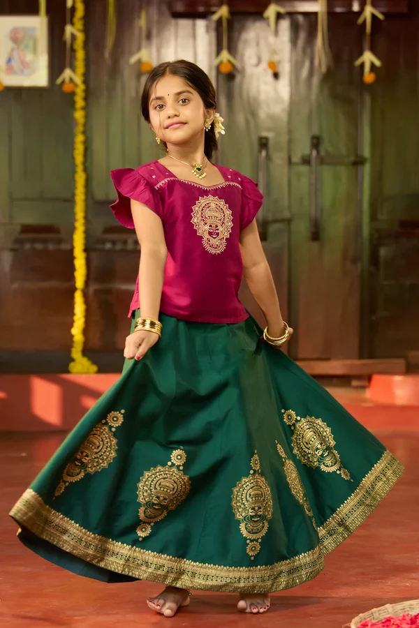 Magenta Kathakali & Mandala Embroidered Kids Skirt Set