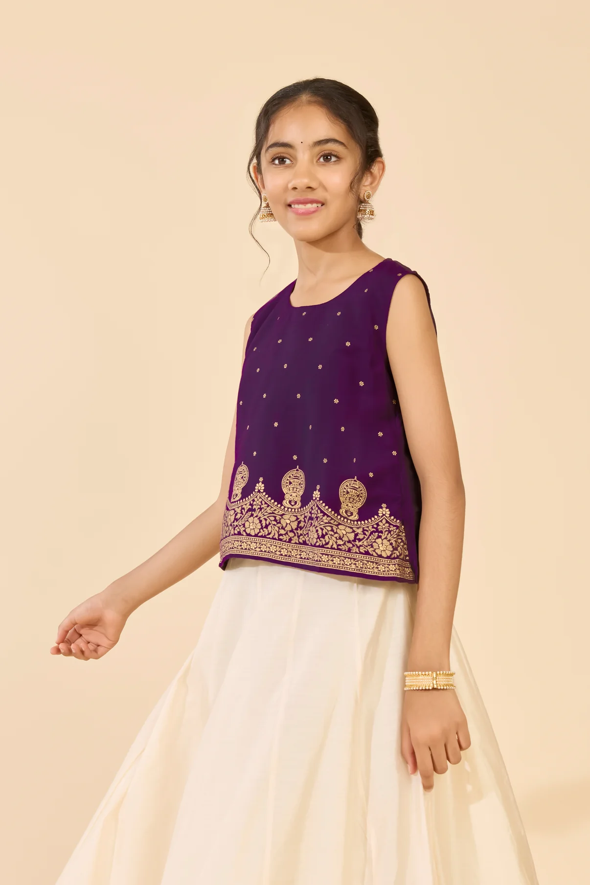 Purple Kathakali Print Kids Skirt Set