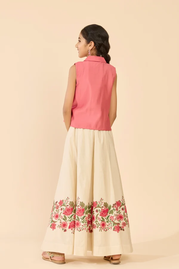 Pastel Pink Embroidered Notch Collar Kids Skirt Set