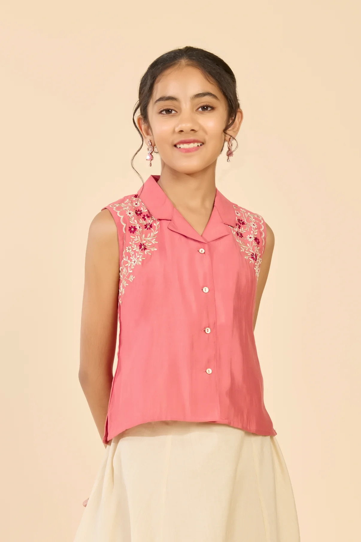 Pastel Pink Embroidered Notch Collar Kids Skirt Set