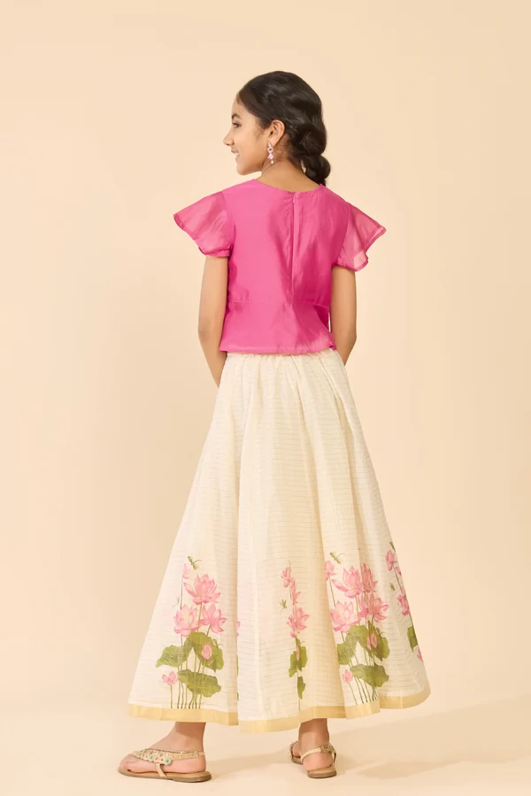 Pink & Off White Lotus Embroidered Kids Skirt Set