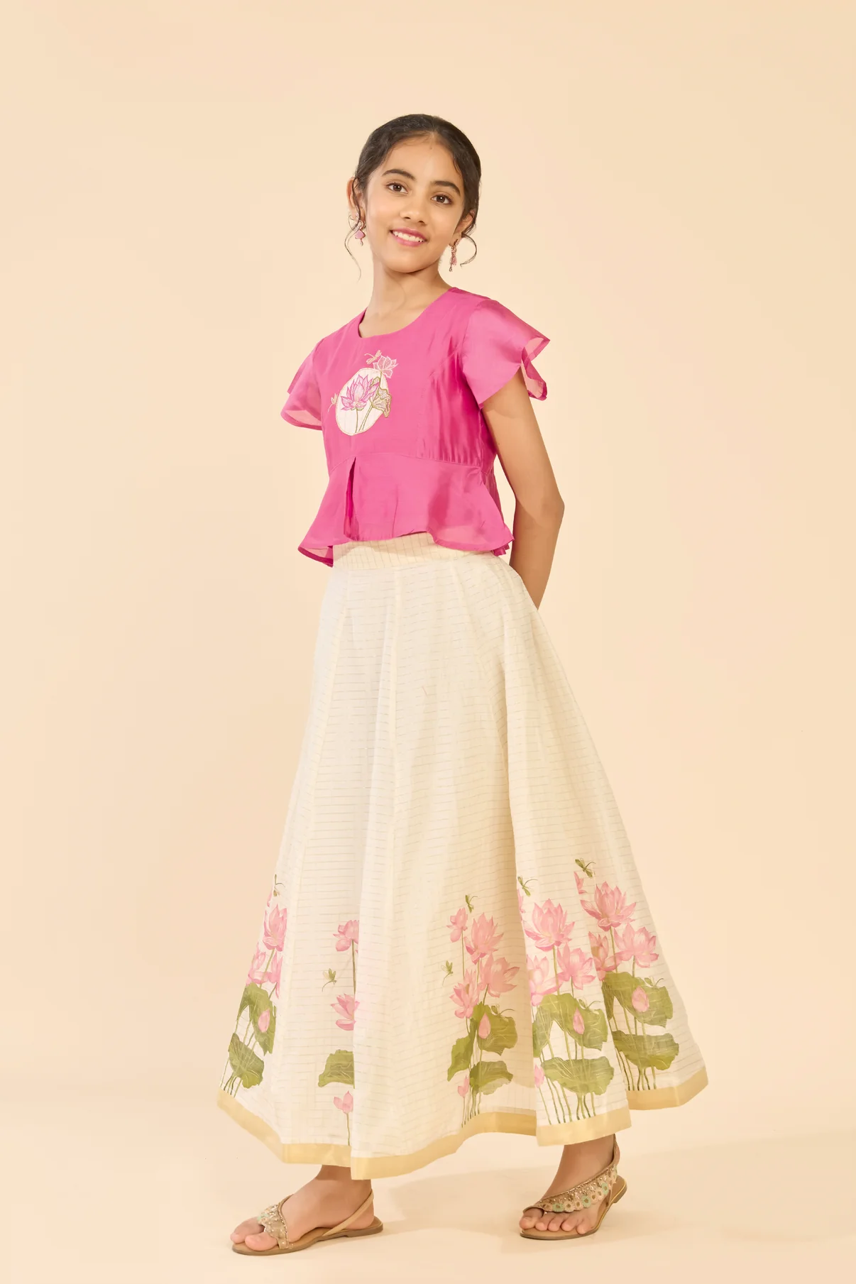 Pink & Off White Lotus Embroidered Kids Skirt Set
