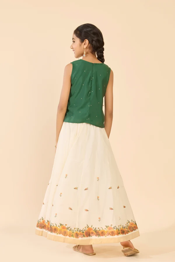 Green & Off White Marigold Embroidered Kids Skirt Set
