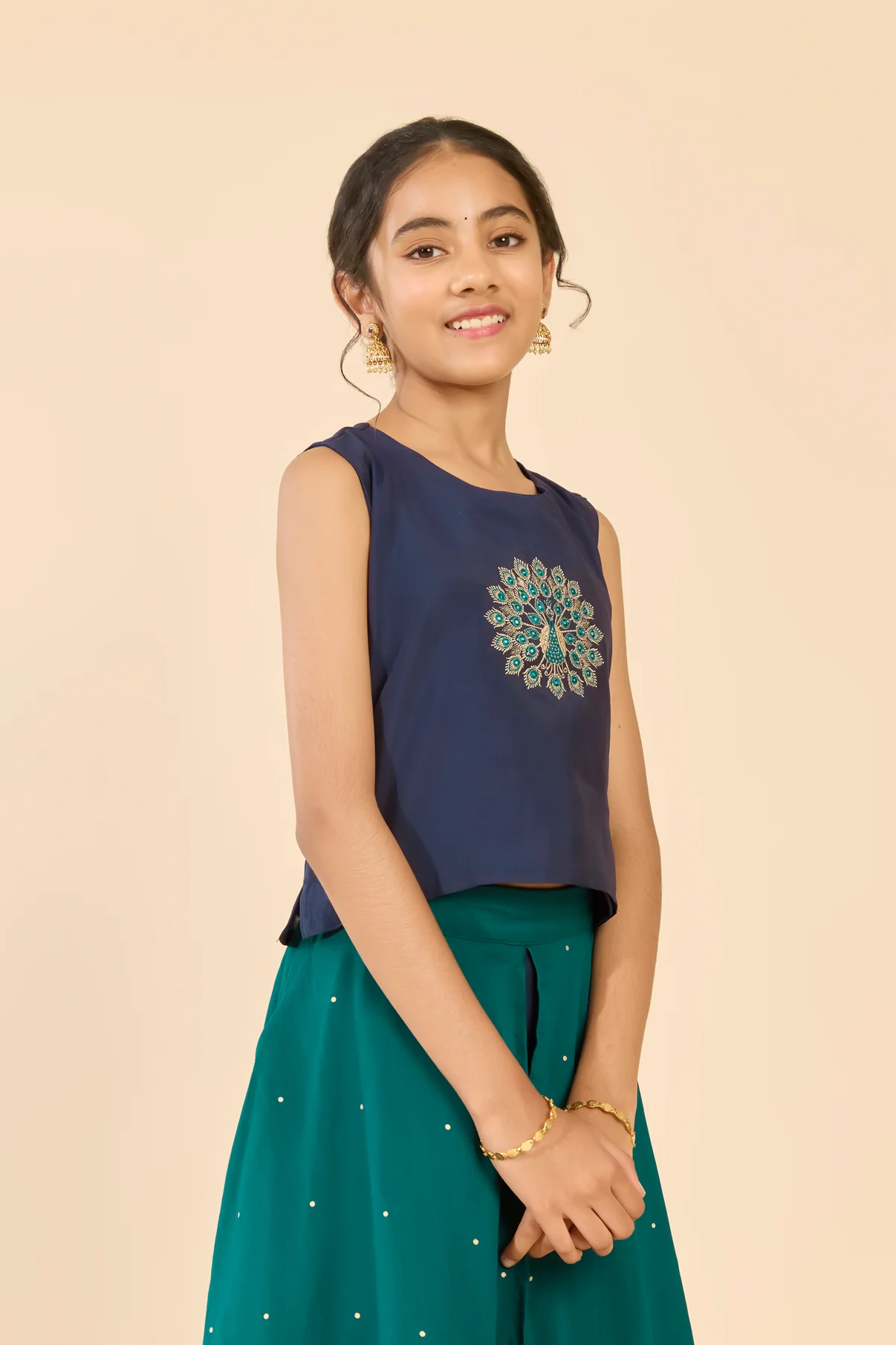 Navy Peacock Embroidered Layered Skirt Set