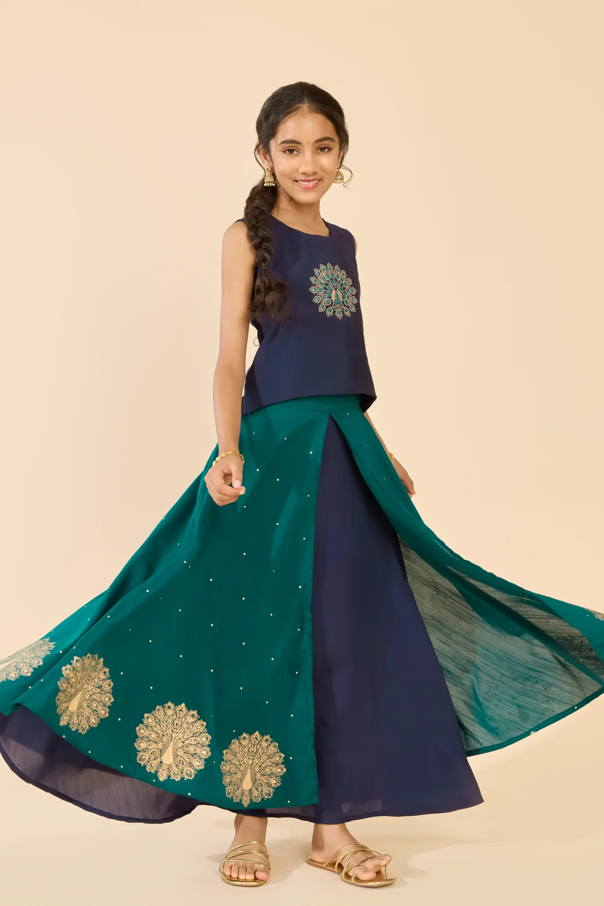 Navy Peacock Embroidered Layered Skirt Set