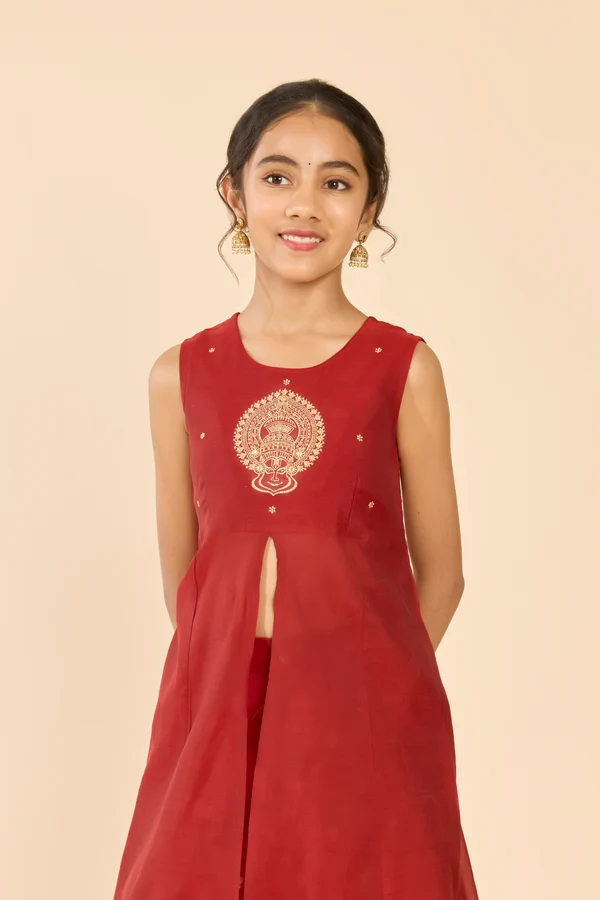 Red Kathakali Embroidered Chanderi Kids Skirt Set