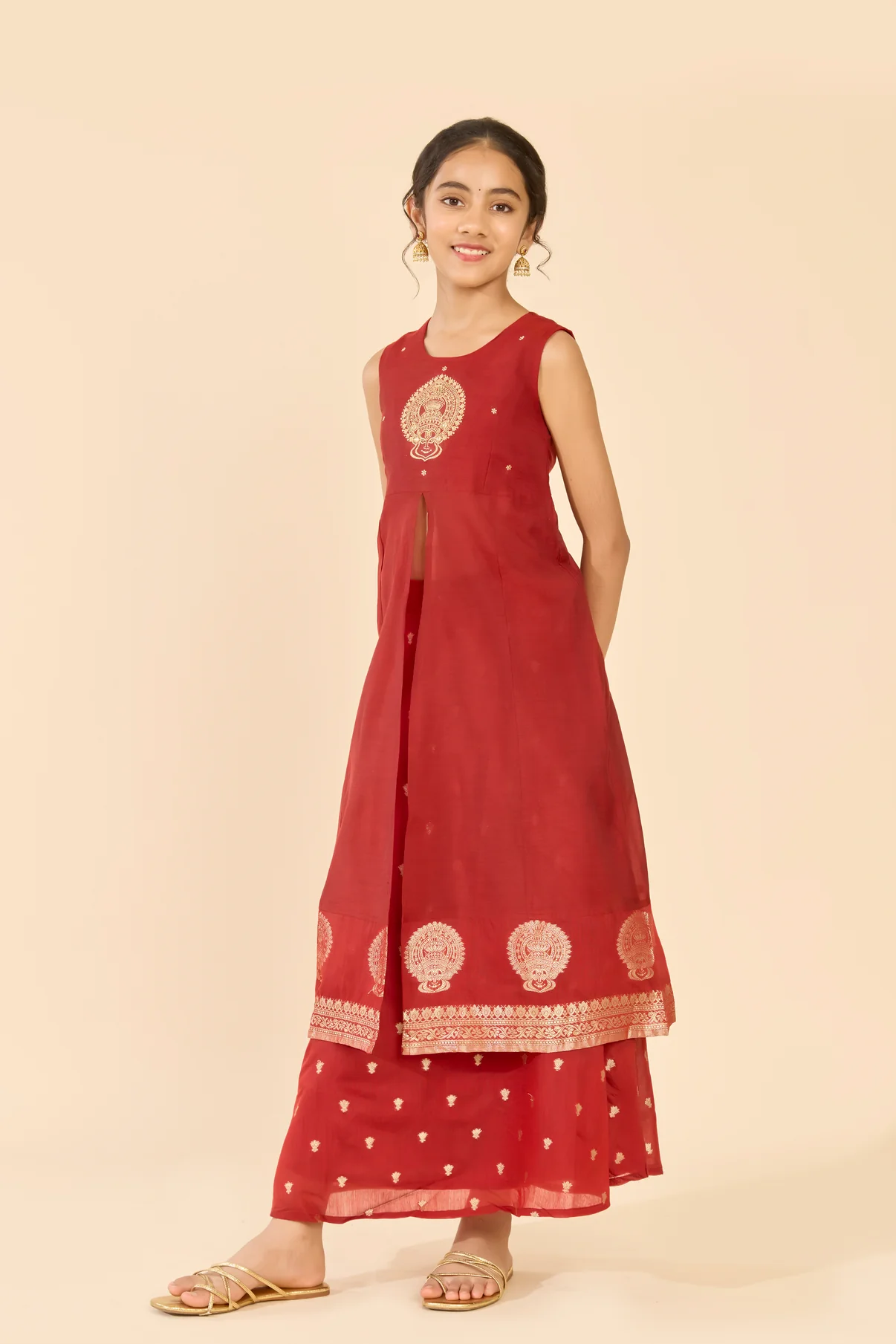 Red Kathakali Embroidered Chanderi Kids Skirt Set