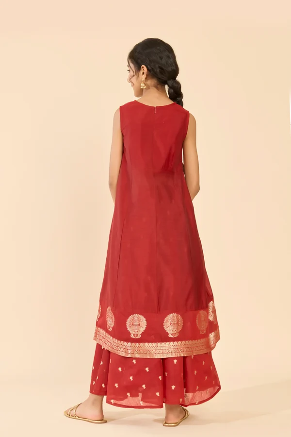 Red Kathakali Embroidered Chanderi Kids Skirt Set