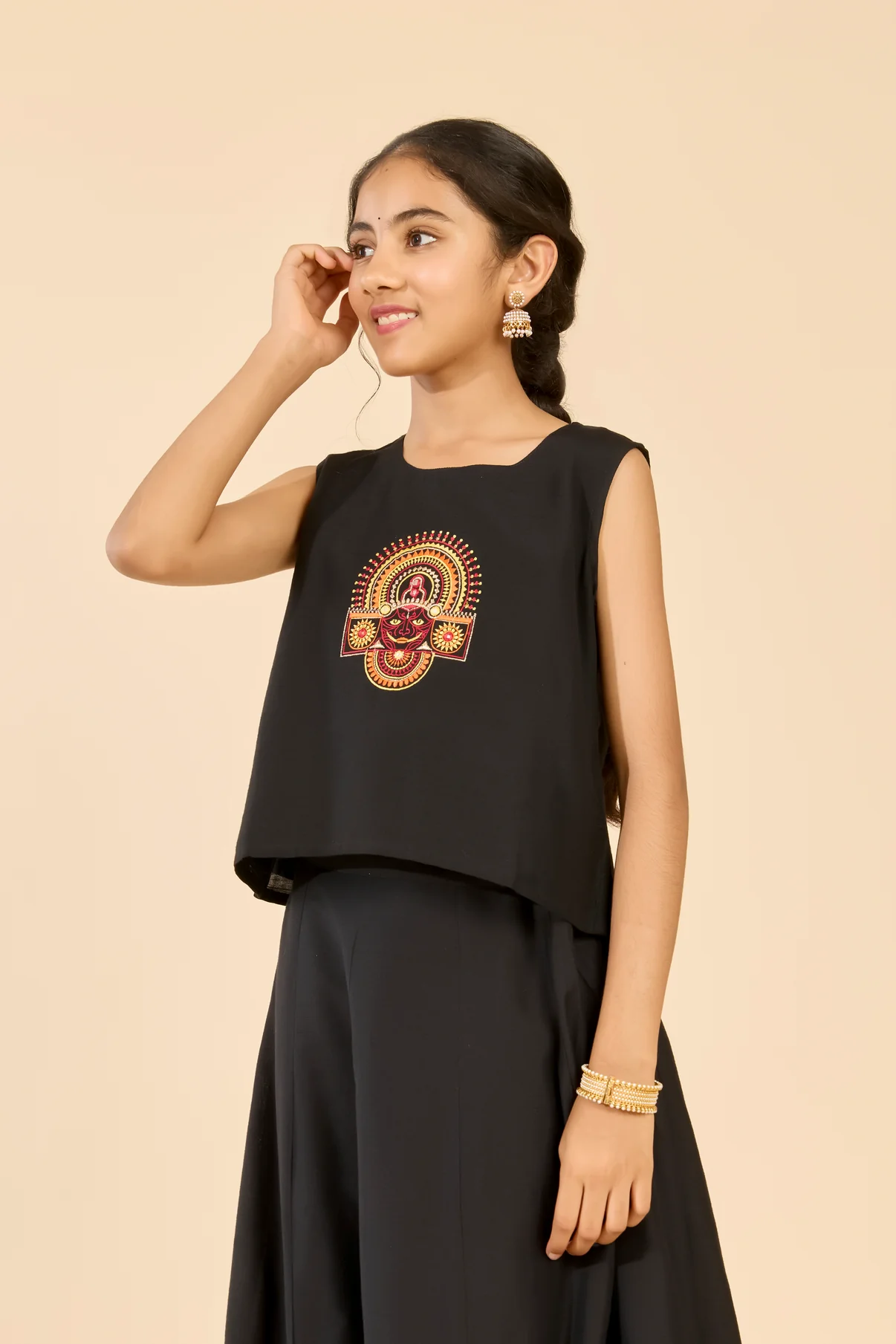 Black Theyyam Printed Top & Skirt Set