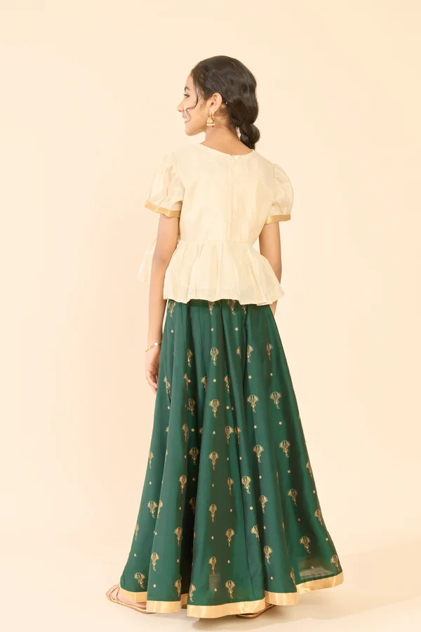 Off White Butta Printed Top & Dark Green Skirt Set