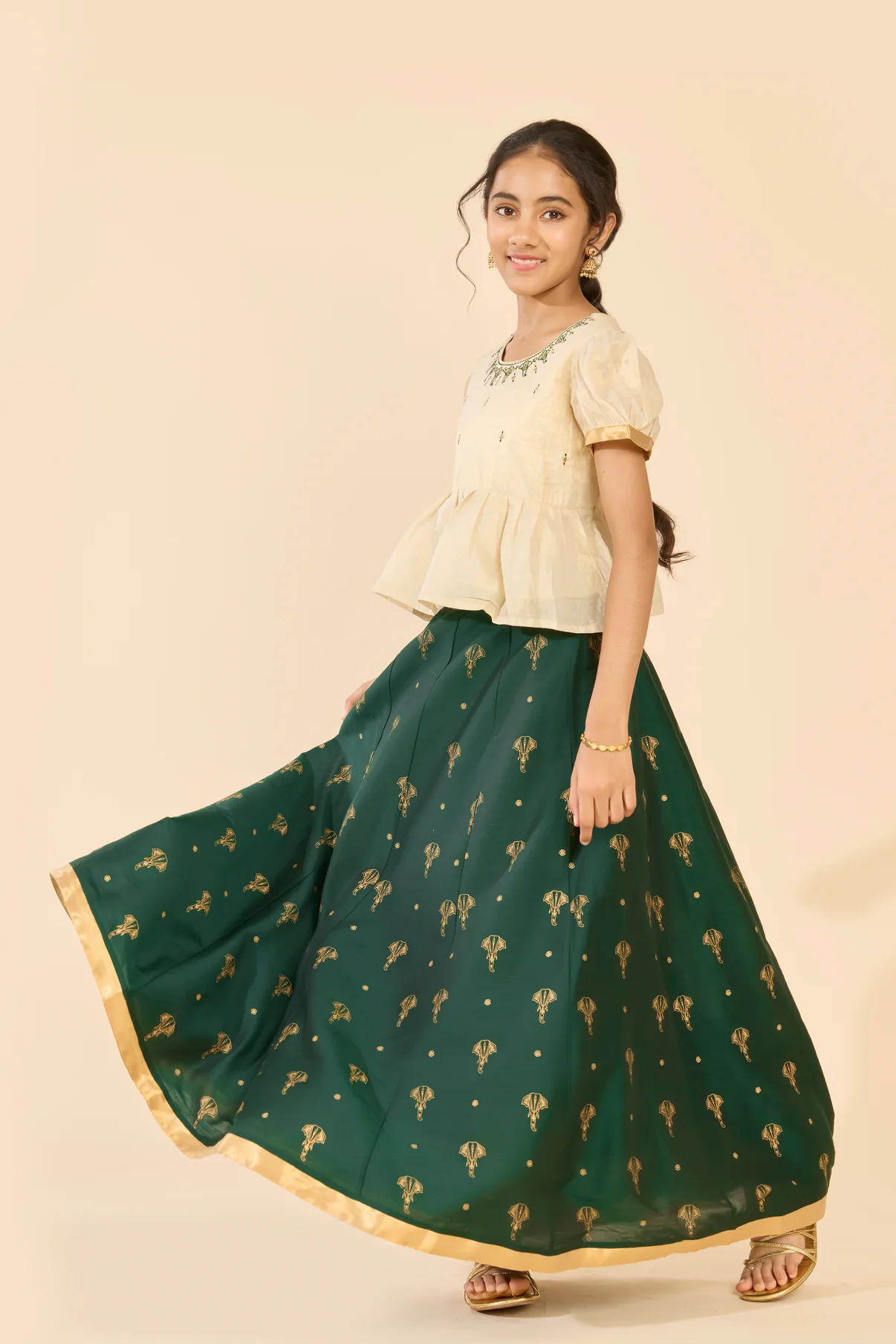 Off White Butta Printed Top & Dark Green Skirt Set