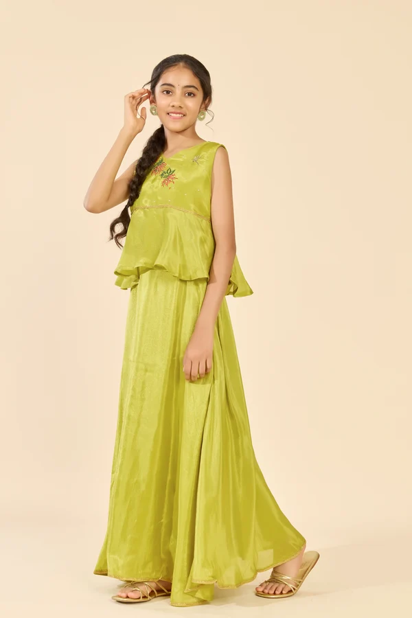 Green Floral Embroidered Tissue Kids Skirt Set