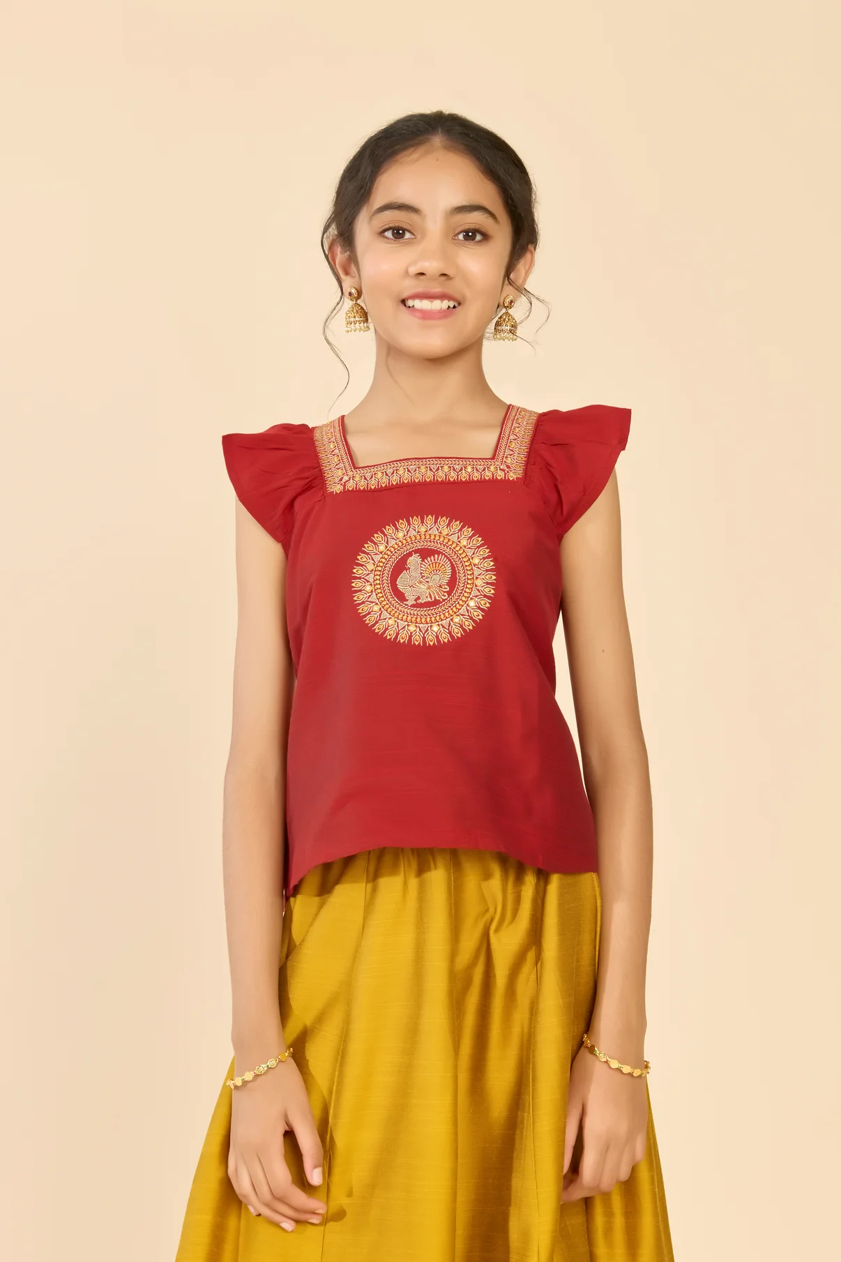Red Peacock Embroidered Red Skirt Set