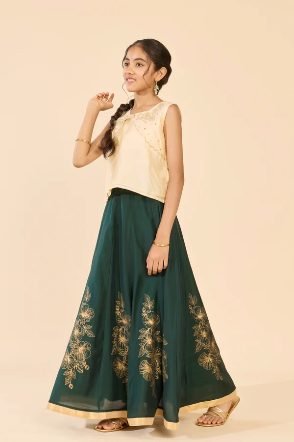 Off White Floral Embroidered Skirt Set