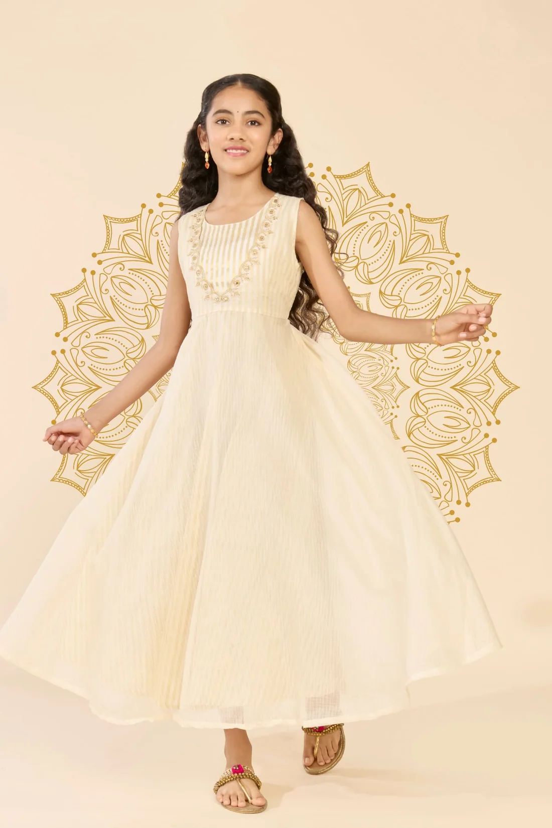 Off White Striped A-Line Tiered Kids Anarkali