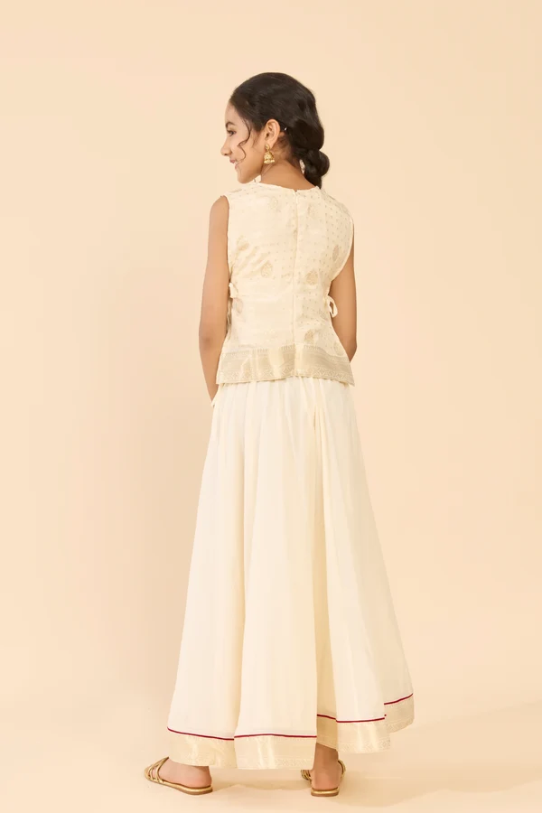 Off White Layered Brocade Chanderi Kids Skirt Set