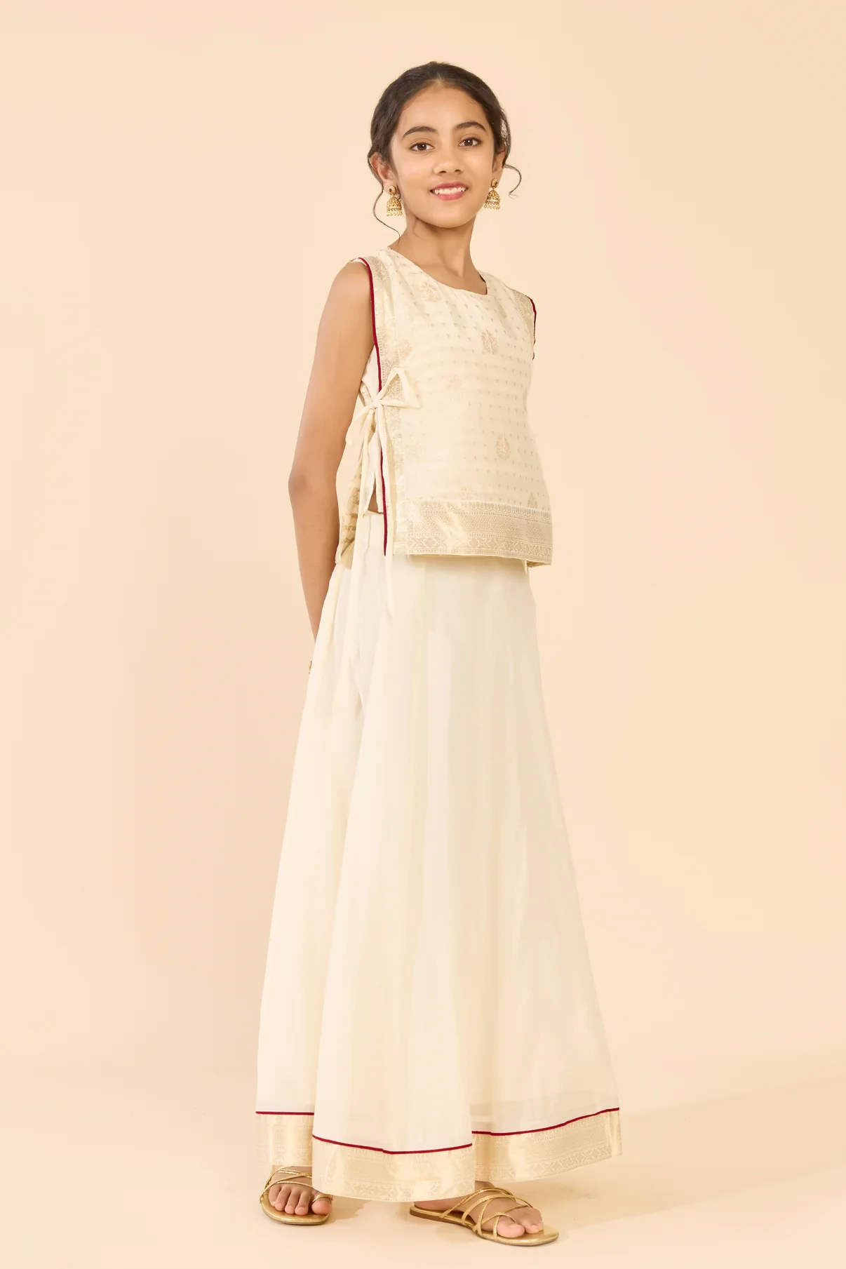 Off White Layered Brocade Chanderi Kids Skirt Set