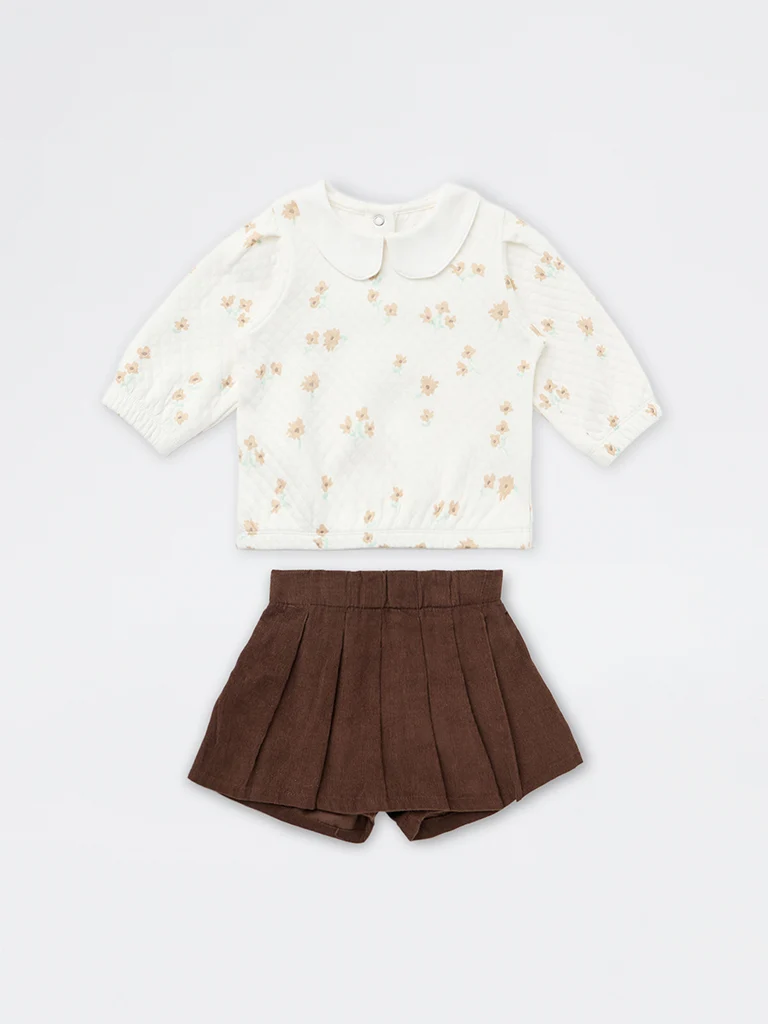 HOP Baby Girls White Floral Cotton Top and Skort Set