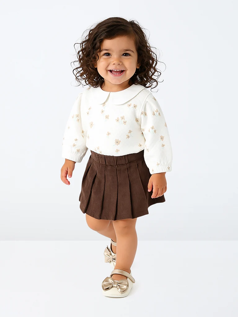 HOP Baby Girls White Floral Cotton Top and Skort Set