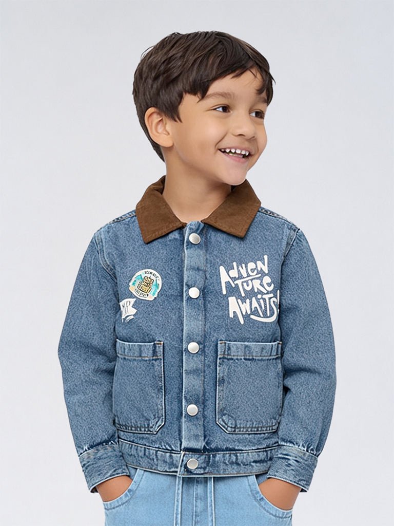 HOP Kids Boys Blue Text Embossed Denim Jacket