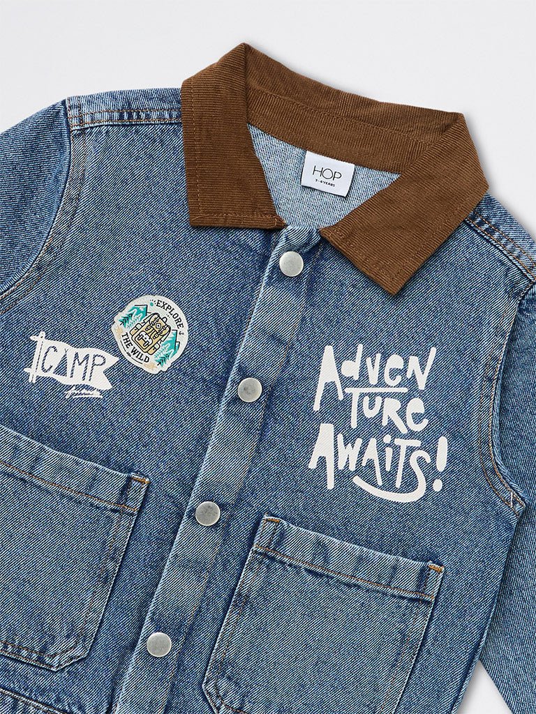HOP Kids Boys Blue Text Embossed Denim Jacket
