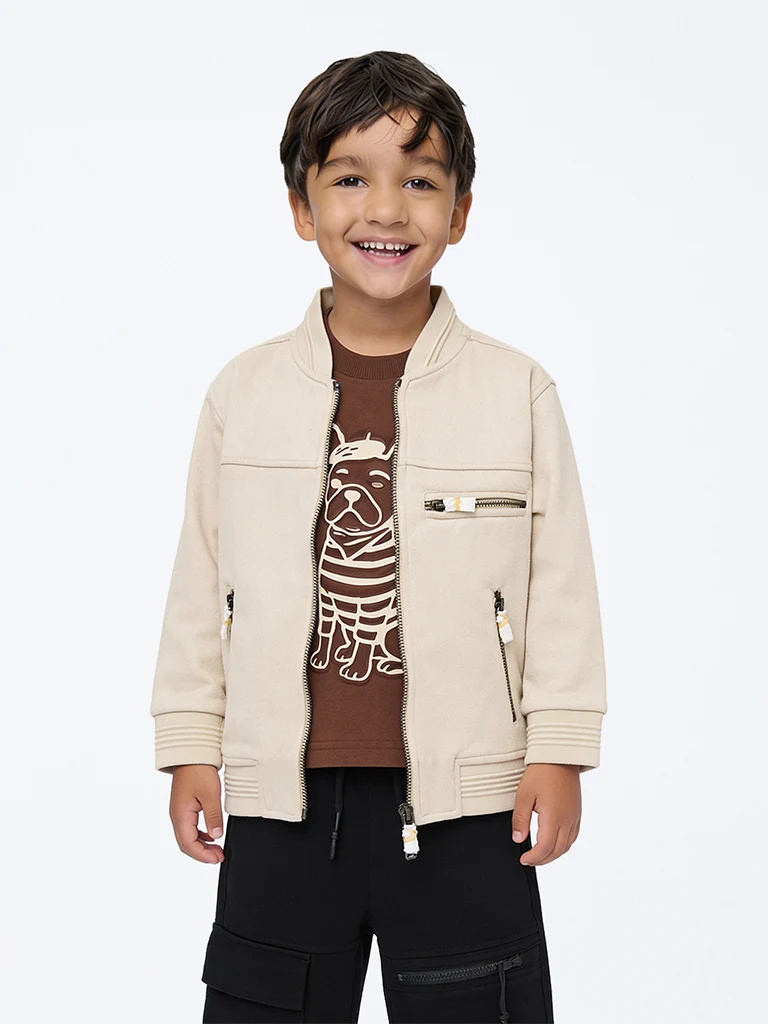 HOP Kids Boys Light Beige Solid Suede Jacket