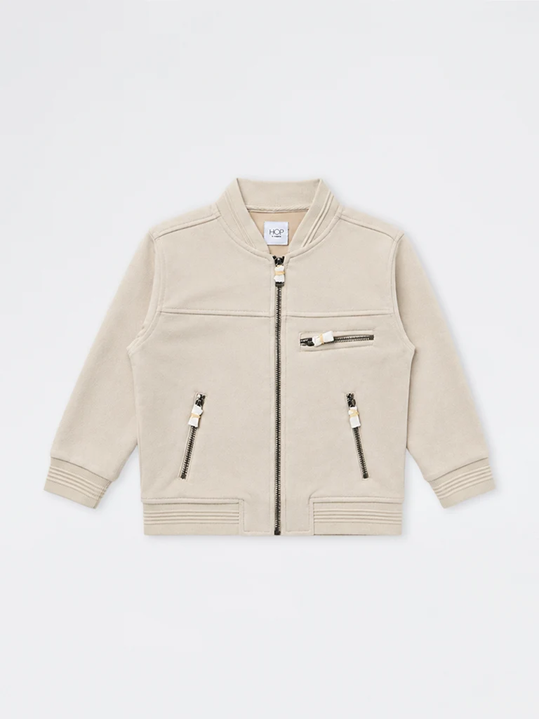 HOP Kids Boys Light Beige Solid Suede Jacket