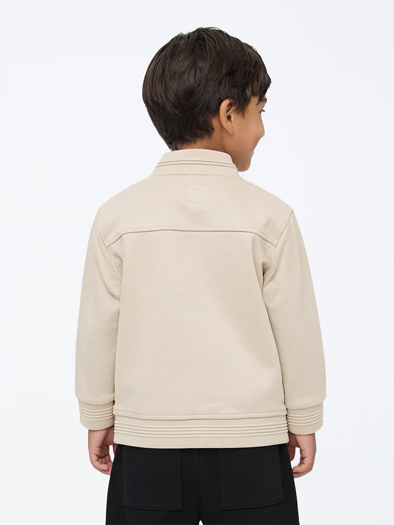 HOP Kids Boys Light Beige Solid Suede Jacket