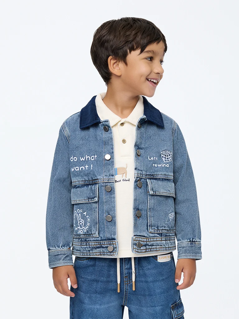 HOP Kids Boys Blue Typographic Denim Jacket