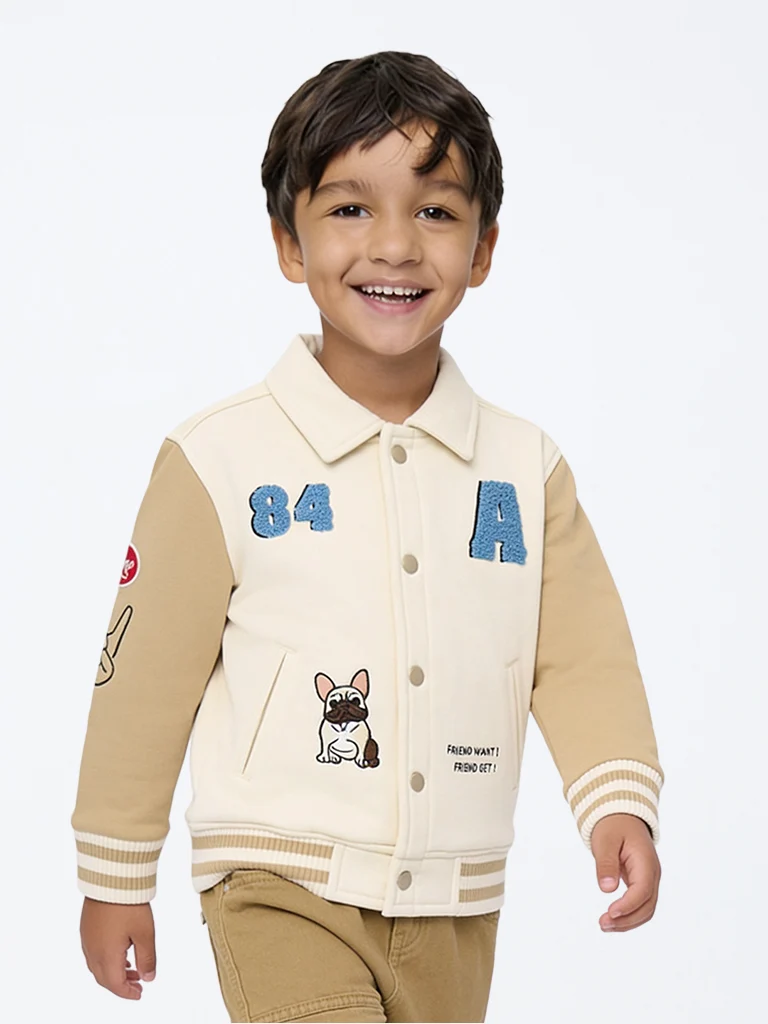 HOP Kids Boys Beige Colour-Blocked Cotton-Blend Varsity Jacket